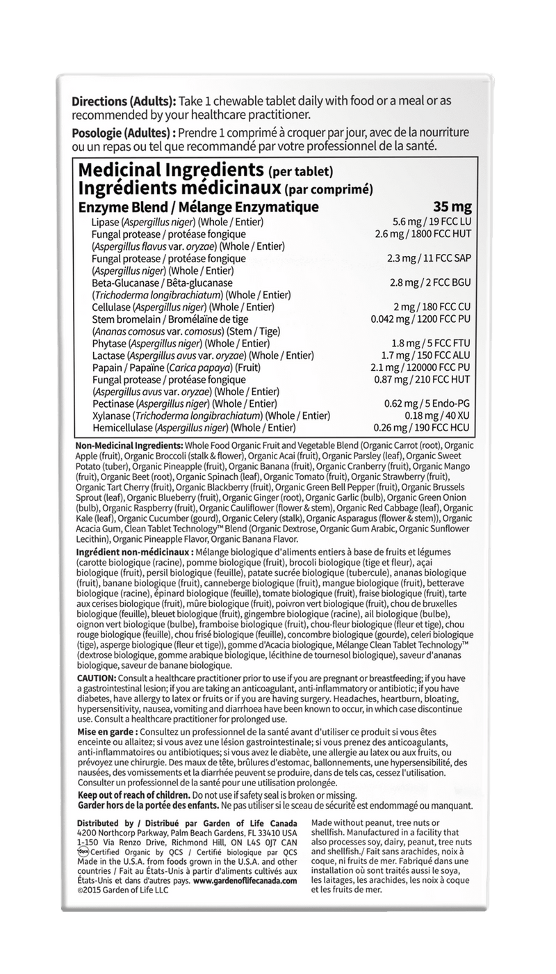 Garden of Life Dr. Formulated Enzymes Organic Digest+ 90 Chewable Tablets - Five Natural