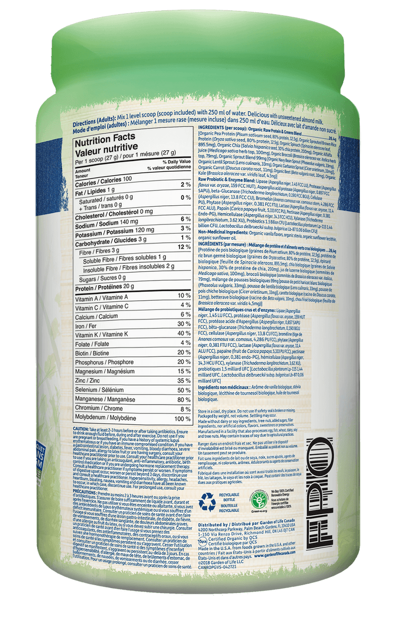 Garden of Life RAW Organic Protein & greens Vanilla 550g - Five Natural