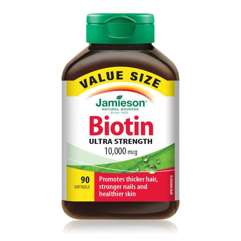 Jamieson Biotin Ultra Strength 10,000 mcg - VALUE SIZE 90 Softgels - Five Natural