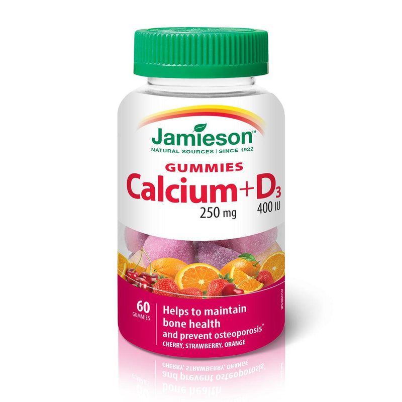 Jamieson Calcium 250mg + D3 400IU - Cherry, Strawberry, Orange 60 Gummies - Five Natural