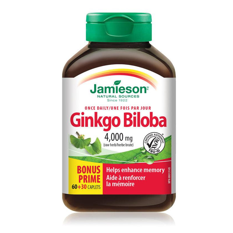 Jamieson Ginkgo Biloba 4,000 mg (raw herb) - BONUS SIZE 90 Caplets - Five Natural