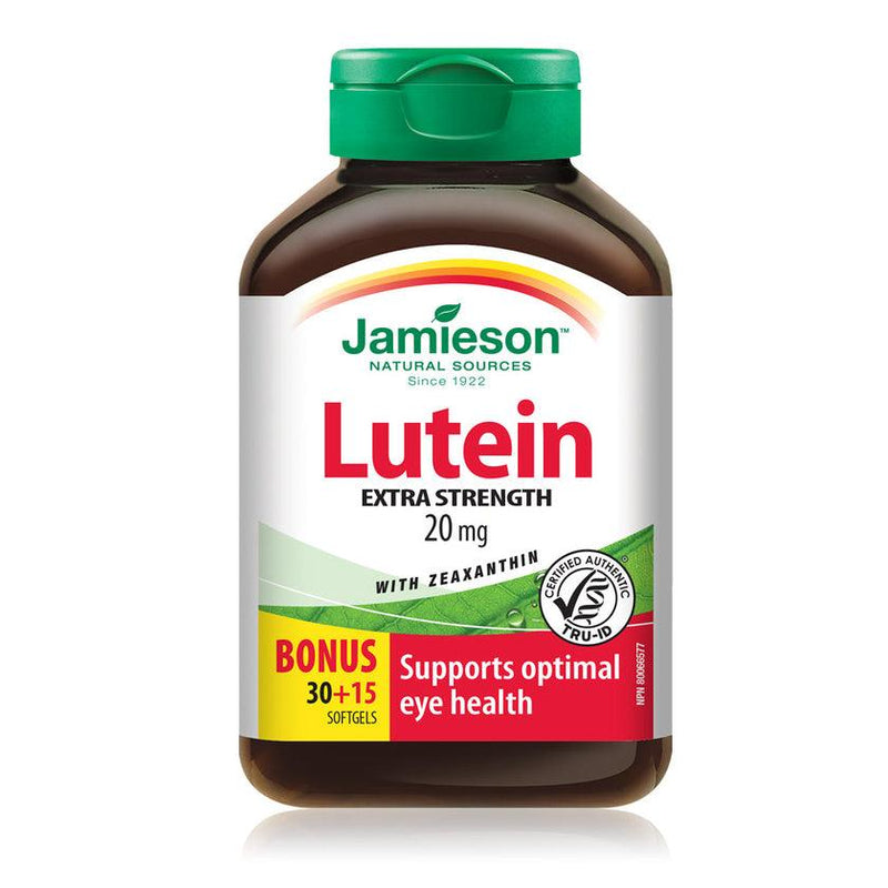 Jamieson Lutein Extra Strength 20 mg with Zeaxanthin - BONUS SIZE 45 Softgels - Five Natural
