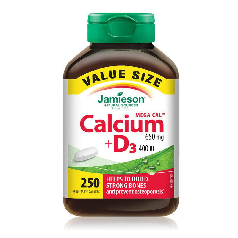 Jamieson Mega Cal 650 mg + Vitamin D3 400 IU - VALUE SIZE 250 Caplets - Five Natural