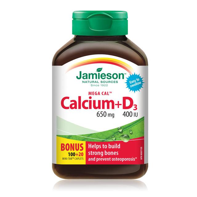 Jamieson Mega Cal Calcium 650 mg + Vitamin D3 400 IU - BONUS SIZE 120 Caplets - Five Natural