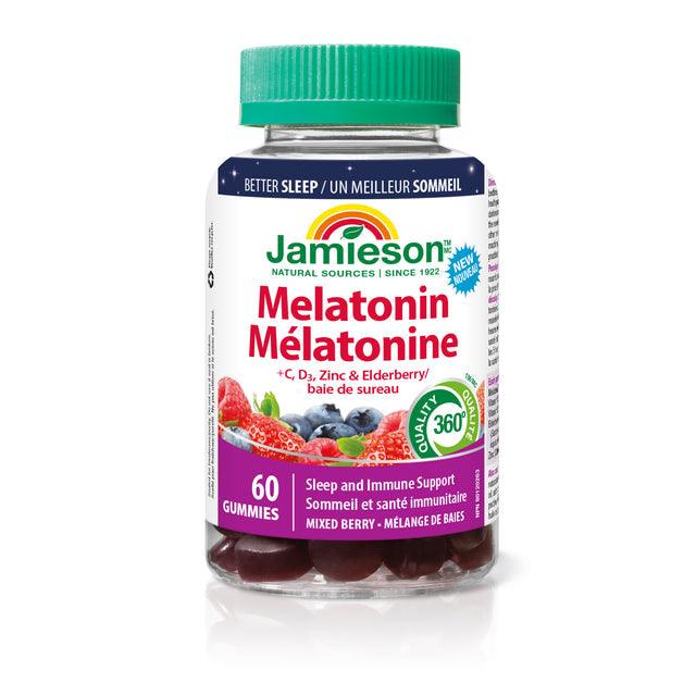 Jamieson Melatonin 5 mg+ Vitamins C, D, Zinc & Elderberry - Mixed Berry 60 Gummies - Five Natural