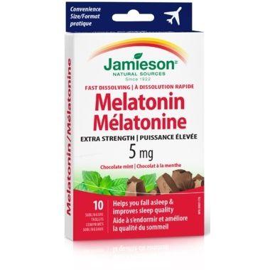 Jamieson Melatonin Extra Strength 5mg Trial & Travel - Chocolate Mint Fast Dissolving 10 Tablets - Five Natural