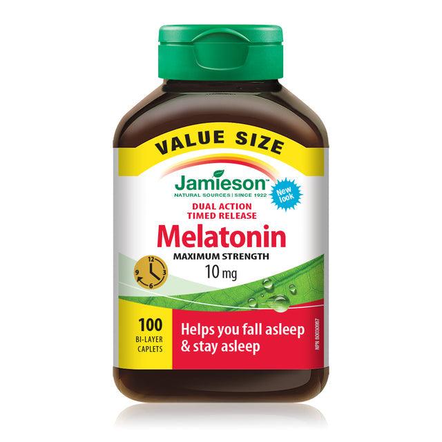 Jamieson Melatonin Maximum Strength 10mg Dual Action Timed Release - VALUE SIZE 100 Caplets - Five Natural