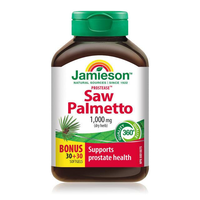 Jamieson Prostease Saw Palmetto 1,000 mg (raw herb) - BONUS SIZE 60 Softgels - Five Natural