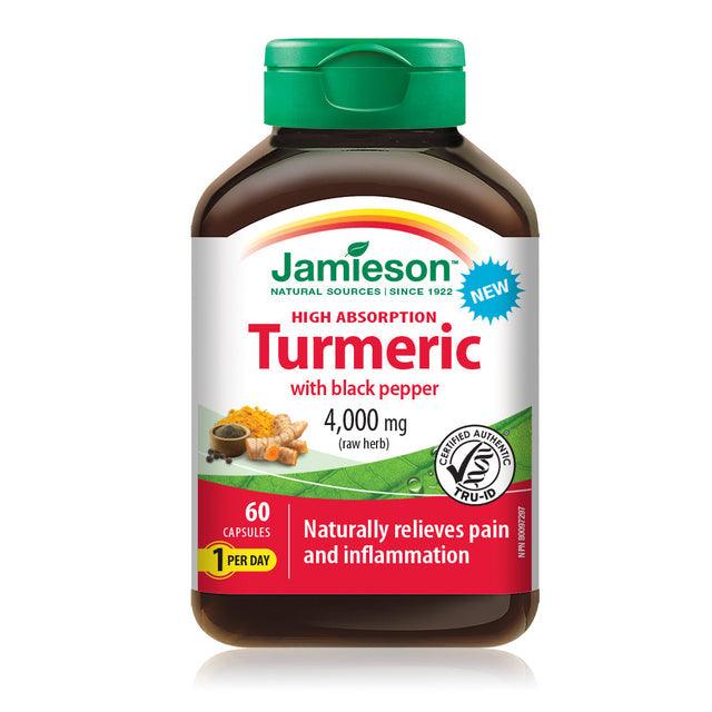 Jamieson Turmeric with Black Pepper High Absorption 4,000 mg (raw herb) 60 Capsules - Five Natural
