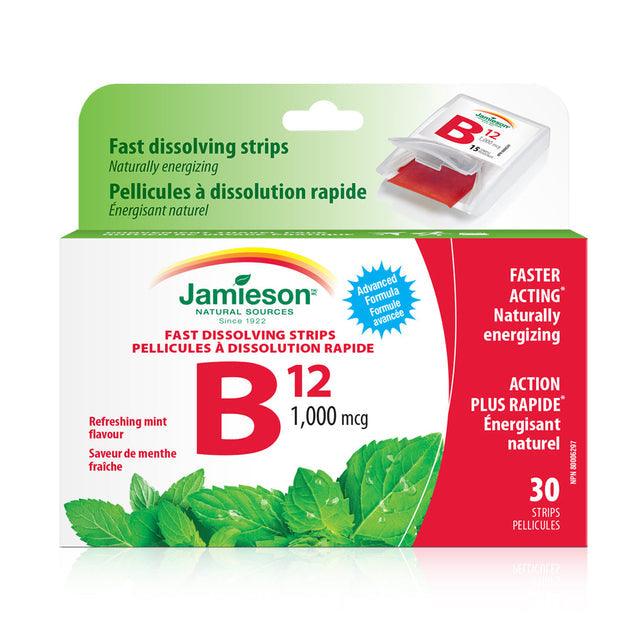 Jamieson Vitamin B12 1,000 mcg Fast-Dissolving Strips (Methylcobalamin) - Mint 30 Strips - Five Natural