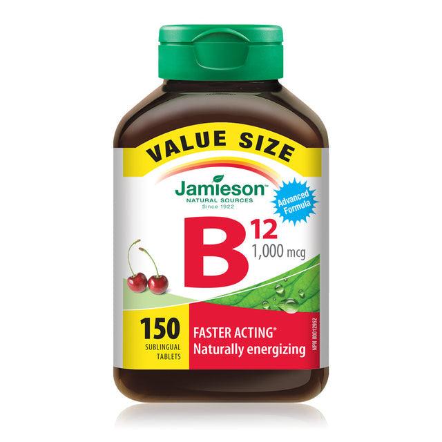 Jamieson Vitamin B12 1,000 mcg Fast Dissolving Tablets (Methylcobalamin) - Cherry - VALUE SIZE 150 Sublingual - Five Natural