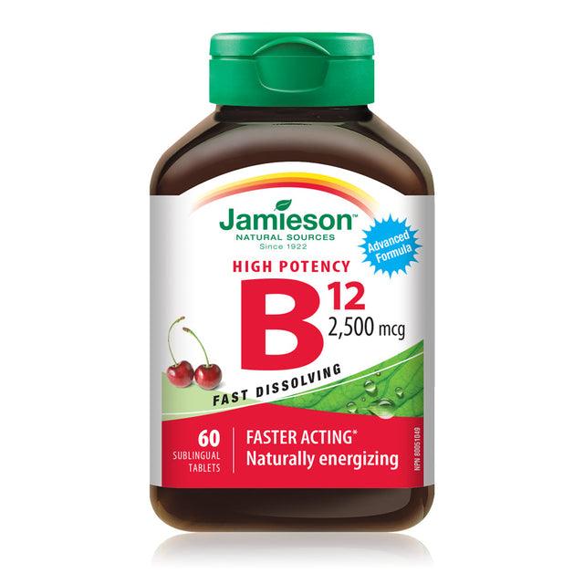 Jamieson Vitamin B12 2,500 mcg Fast Dissolving Tablets (Methylcobalamin) - Cherry 60 Sublingual - Five Natural