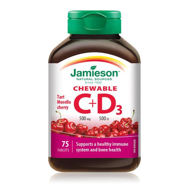 Jamieson Vitamin C 500 mg + D3 500 IU - Tart Morello Cherry 75 Chewable Tablets - Five Natural