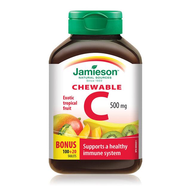Jamieson Vitamin C 500 mg - Exotic Tropical Fruit - BONUS SIZE 120 Chewable - Five Natural