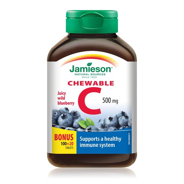 Jamieson Vitamin C 500 mg - Juicy Wild Blueberry - BONUS SIZE 120 Chewable - Five Natural