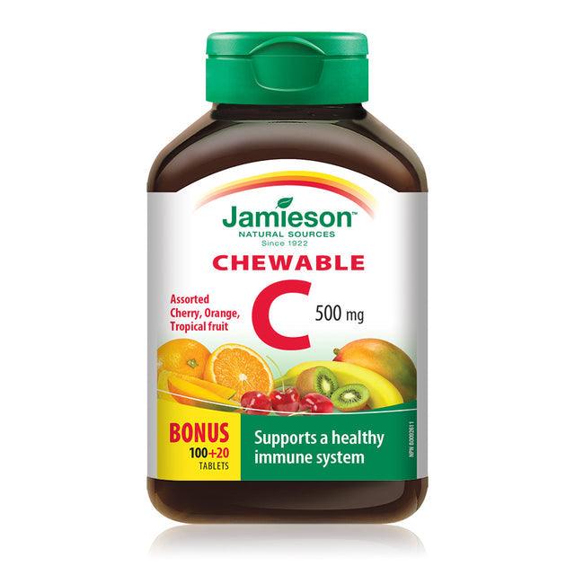 Jamieson Vitamin C 500 mg - Mixed 3 Flavours (Cherry, Orange, Tropical Fruit) - BONUS SIZE 120 Chewable - Five Natural