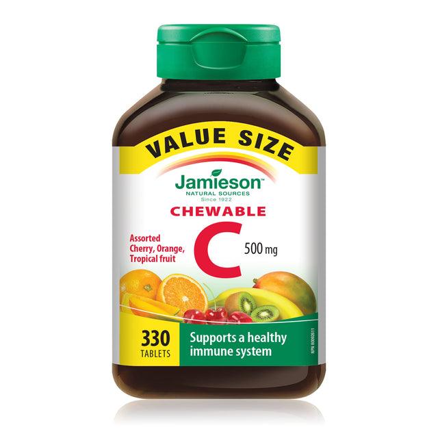 Jamieson Vitamin C 500 mg - Mixed 3 Flavours (Cherry, Orange, Tropical Fruit) - VALUE SIZE 330 Chewable - Five Natural