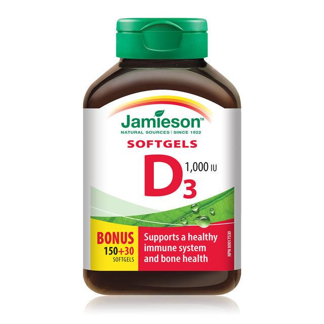 Jamieson Vitamin D3 1,000 IU Softgels - BONUS SIZE 180 Softgels - Five Natural