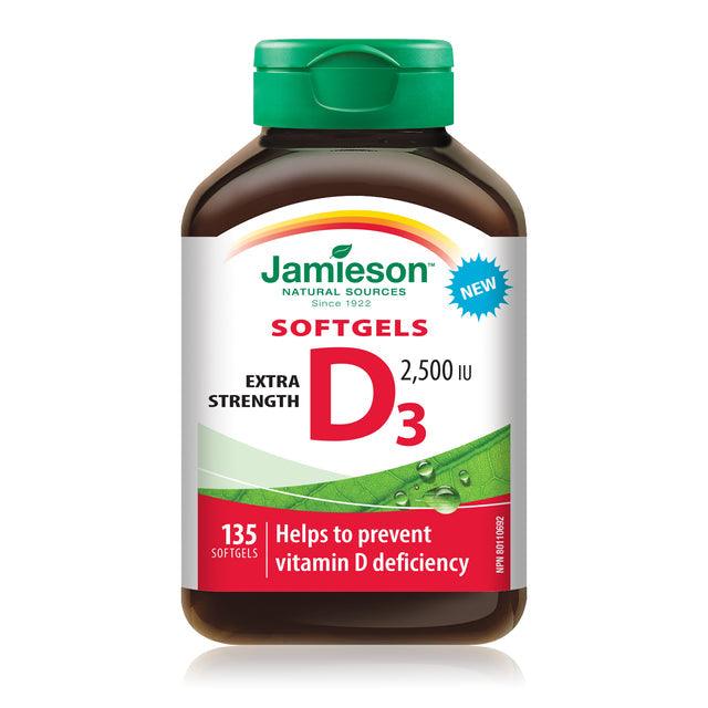 Jamieson Vitamin D3 Extra Strength 2,500 IU 135 Softgels - Five Natural