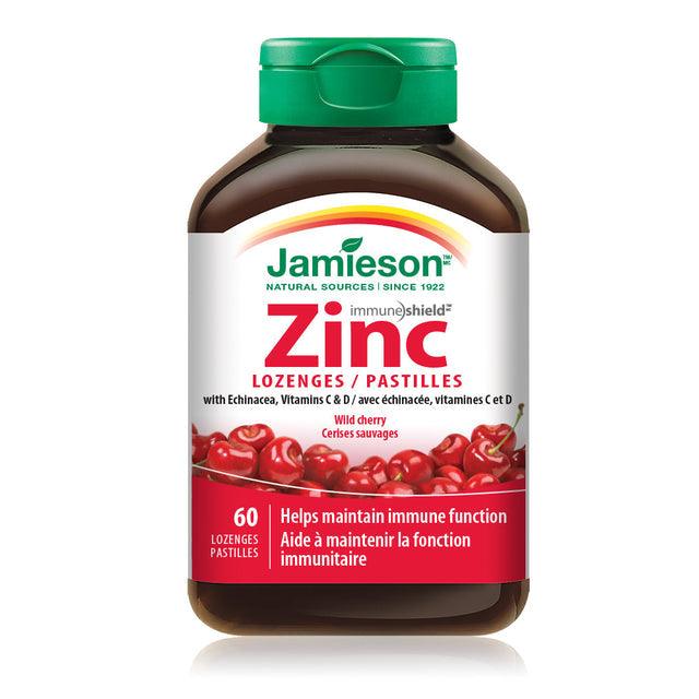 Jamieson Zinc Lozenges with Echinacea, Vitamin C and D - Wild Cherry 60 Lozenge - Five Natural