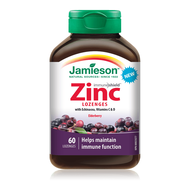 Jamieson Zinc Lozenges with Echinacea, Vitamins C and D - Elderberry 60 Lozenge - Five Natural