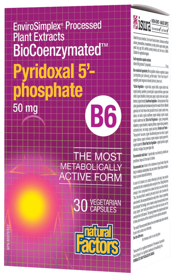 Natural Factors BioCoenzymated Pyridoxal 5-phosphate B6 50 mg 30 Veg Capsules - Five Natural