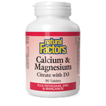 Natural Factors Calcium & Magnesium Citrate with D3 Plus Potassium Zinc & Manganese 90 Tablets - Five Natural