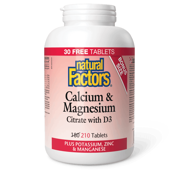 Natural Factors Calcium & Magnesium Citrate with D3 Plus Potassium Zinc & Manganese Bonus Size 180+30 Tablets - Five Natural