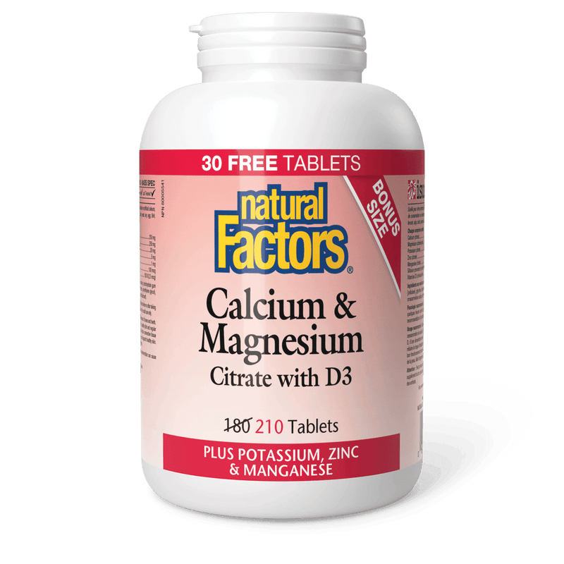 Natural Factors Calcium & Magnesium Citrate with D3 Plus Potassium Zinc & Manganese Bonus Size 180+30 Tablets - Five Natural