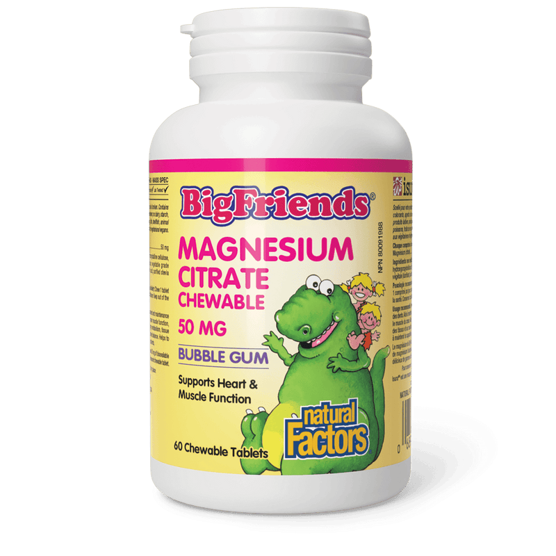 Natural Factors Chewable Magnesium Citrate 50 mg, Bubble Gum, Big Friends 60 Chewables - Five Natural