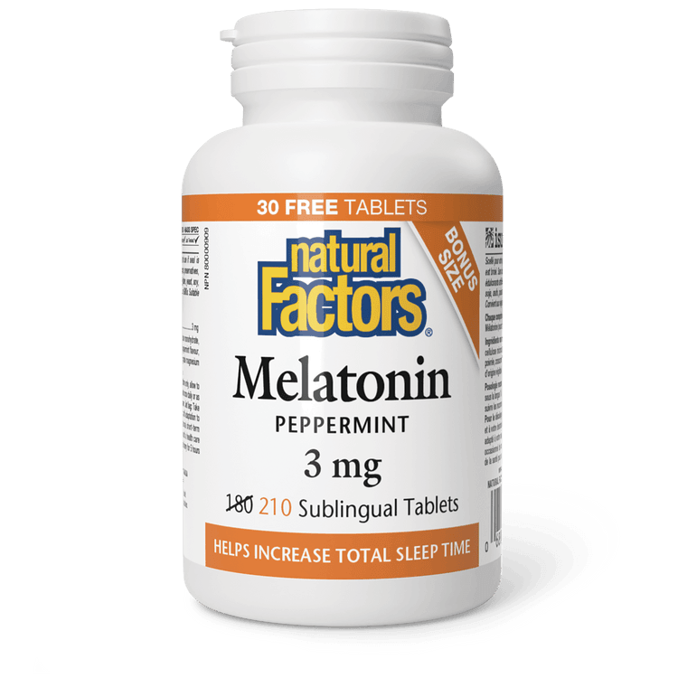Natural Factors Melatonin 3 mg Peppermint BONUS SIZE 180+30 Tablets - Five Natural