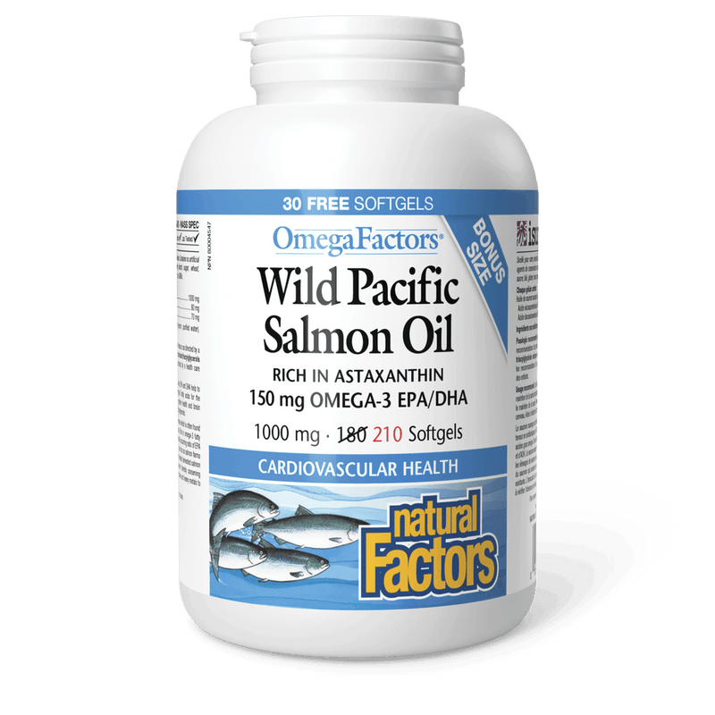 Natural Factors Wild Pacific Salmon Oil 1000 mg OmegaFactors Bonus Size (180+30) Softgels - Five Natural