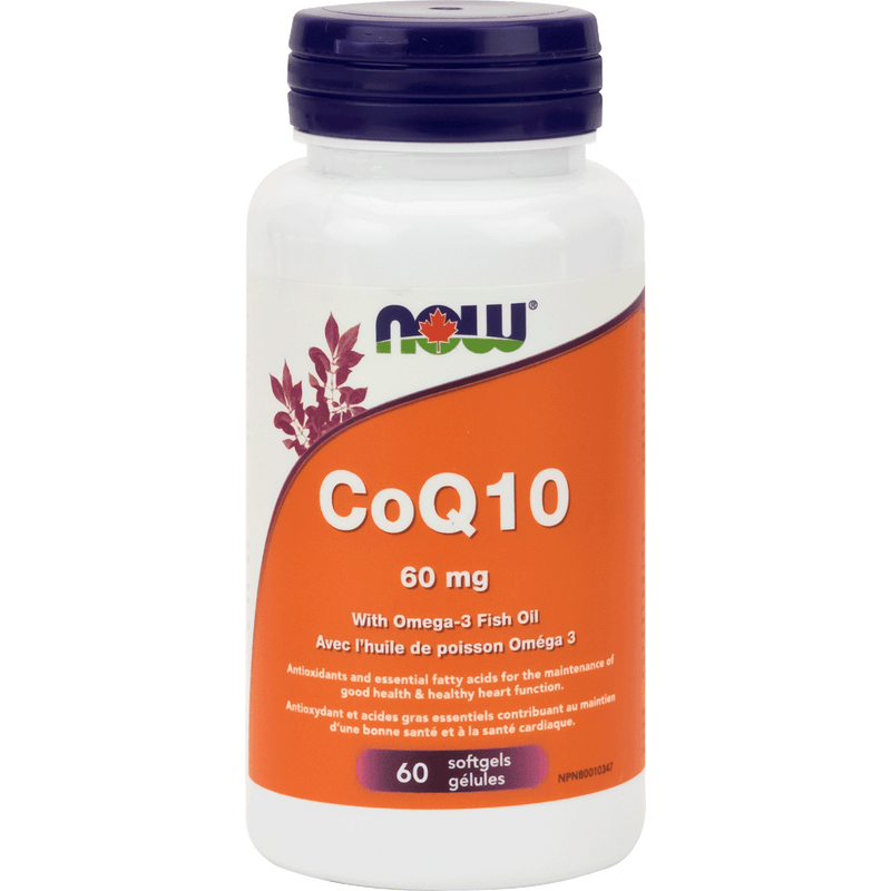 NOW CoQ10 60mg with Lecithin Fish Oil 60 Softgels - Five Natural
