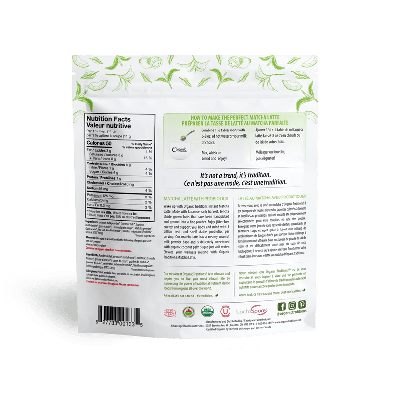 Organic Traditions Latte - Matcha with Probiotics 150g - Five Natural