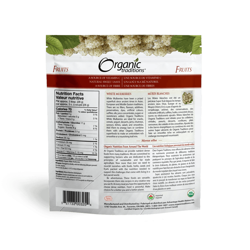 Organic Traditions Mulberries, White - Dried 227g - Five Natural